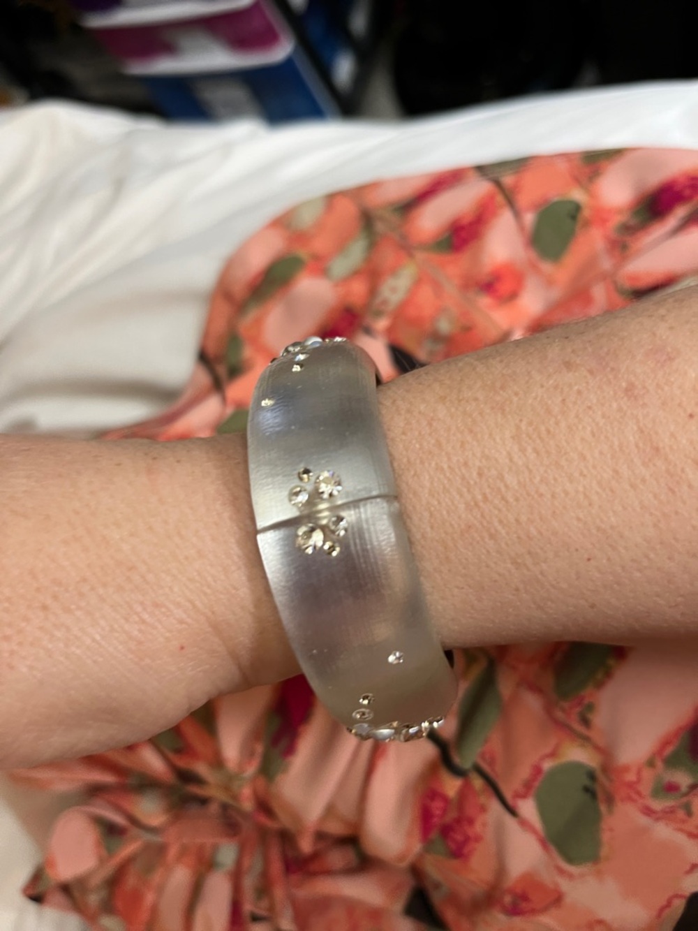 Alexis Bittar Frosted Clear Resin Bangle with Crystal and Pearl Cluster - Picture 6 of 9